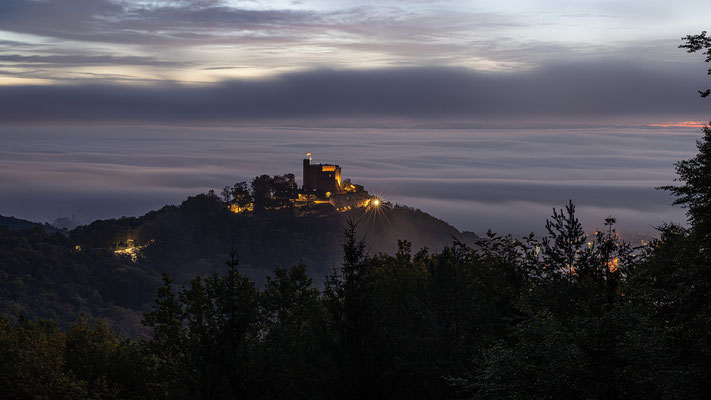Nebliger Herbstmorgen über dem Hambacher Schloss