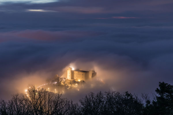 Morgennebel umspült das Hambacher Schloss