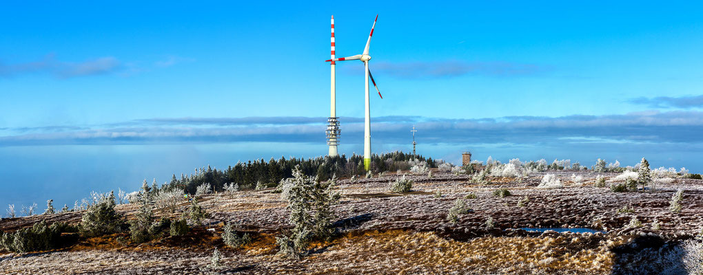 Blick auf SWR-Sendemast, Windrad und Bismarkturm