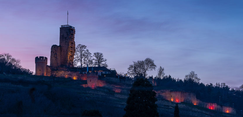 Ruine Wachtenburg im besonderen Licht der "Rosa Wochen" zur Mandelblüte