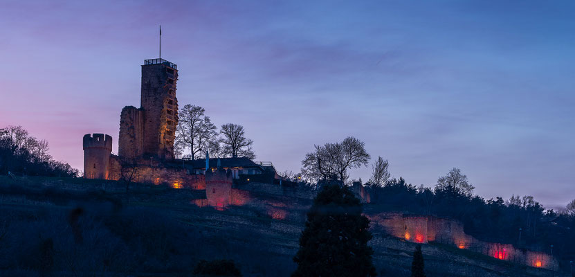 Ruine Wachtenburg im besonderen Licht der "Rosa Wochen" zur Mandelblüte
