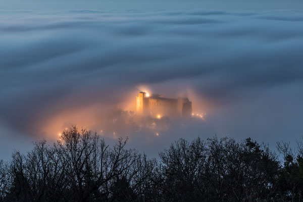 Morgennebel umspült das Hambacher Schloss