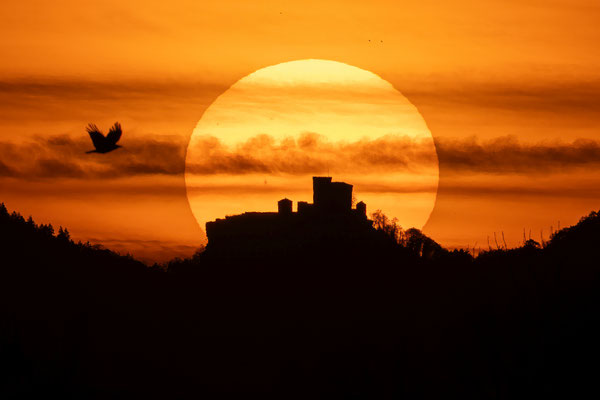 Sonnenuntergang hinter der Burg Trifels