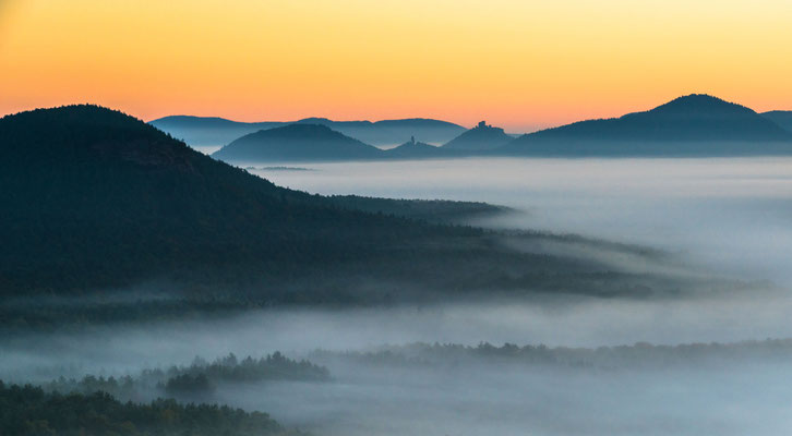 Blick auf Burg Trifels und Asselstein übers Nebelmeer