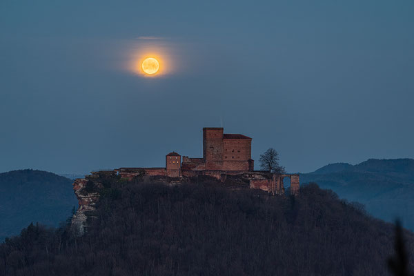 Vollmonduntergang hinter der Burg Trifels