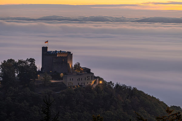Nebliger Herbstmorgen über dem Hambacher Schloss