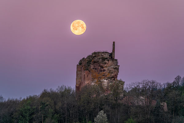 Vollmonduntergang hinter der Ruine Fleckenstein