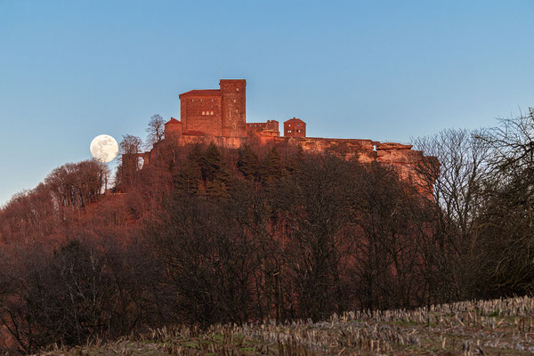 Vollmondaufgang hinter der Burg Trifels