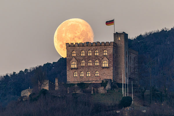 Morgendlicher Monduntergang hinter dem Hambacher Schloss