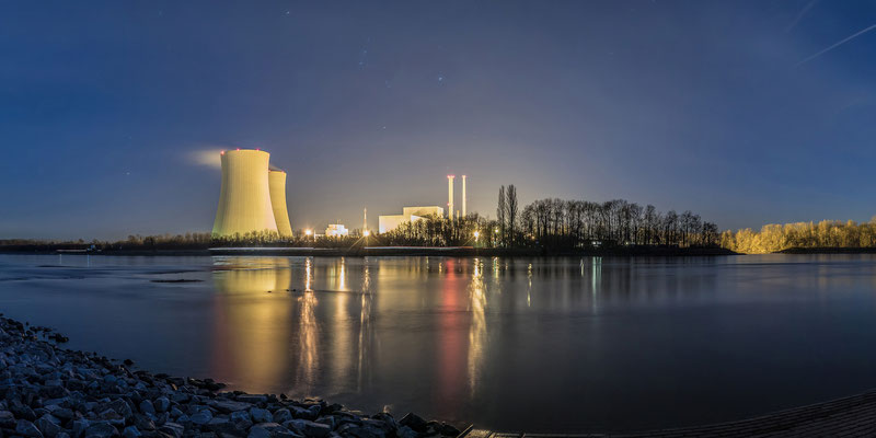 Panoramaaufnahme - Kraftwerk bei Philippsburg, 120 x 60 cm,  Alu-Dibond mit Acrylglas, Rückseitige Hängung mit Aluminiumschiene, 290 €