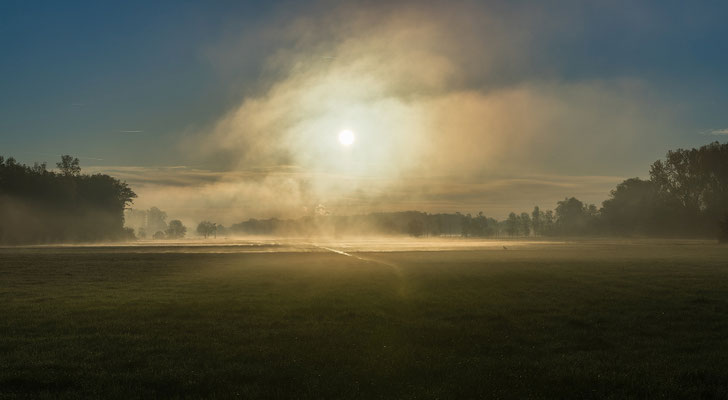 Morgennebel im Queichtal, Aluminium-Wechselrahmen, Fotodruck auf hochwertigem Hahnemühle-Papier mit Passepartout, 70 x 50 cm, 130 €