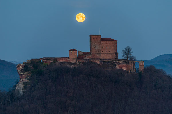 Vollmonduntergang hinter der Burg Trifels
