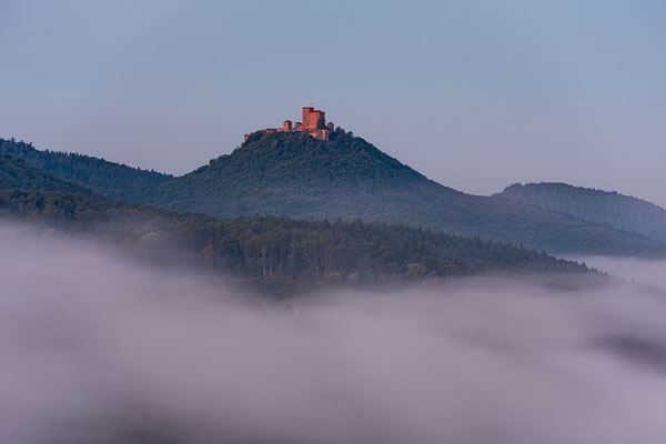 Blick zum Trifels an einem Nebelmorgen