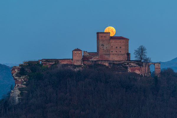 Vollmonduntergang hinter der Burg Trifels