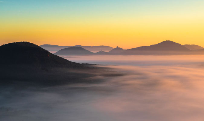 Blick auf Burg Trifels und Asselstein übers Nebelmeer