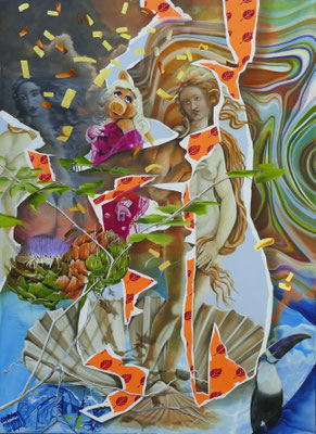Sein & Schein   140 cm x 100 cm   Acryl, Spray, Blattgold 24 Karat, Öl auf Leinwand