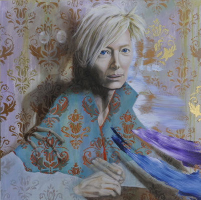 Tilda Swinton   60 cm x 60 cm   Acryl, mit Metallapplikationen, Öl auf HDF mit Leinwand bezogen