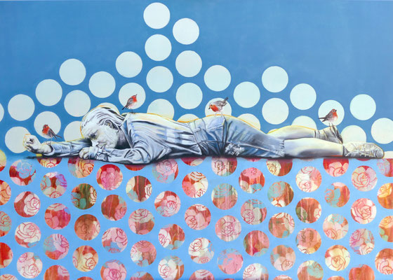 Auszeit: Der Erliegende   100 cm x 140 cm   Acryl, Schellack, Öl auf Leinwand