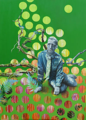 Auszeit: der Aussitzende   140 cm x 100 cm   Acryl, Spray, Öl auf Leinwand