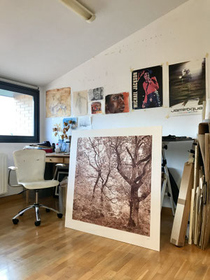 In my studio. Terre chaude. Orgi. 90 x 90 cm. Colour pencils on paper glued to aluminium dibond. Sold. Private collection.
