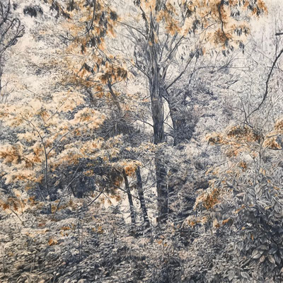 "Dark Indigo and Ocher" Coloured pencils on paper glued to aluminium dibond. 85 x 85 cm. Sold. Private collection.