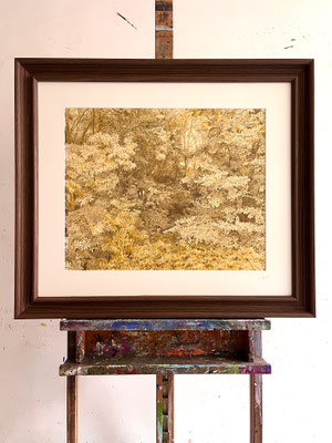 "Olive and Yellow". 56,5 x 45 cm /82,2  x 69,6 cm. framed. Color pencils and soft pastel on paper glued to aluminium dibond. Sold, private collection.