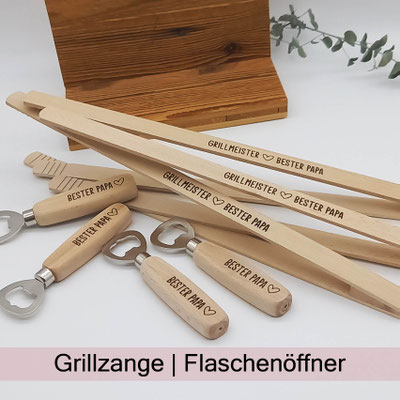 Grillzange & Flaschenöffner aus nachhaltigem Holz mit Wunschgravur bei zauberhaft Holz.Perle.Kind.