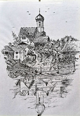 Die Dorfkirche, Tusche, 20x30 cm, 1982