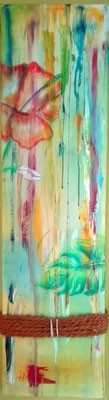 Hibiskus, Öl, Pastellkreide + Kordel auf Leinwand, 30x100 cm, verkauft