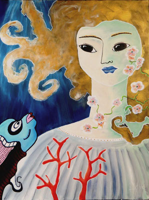 Lady of the Lake, 60x80 cm, irisierende Farben auf black Canvas, 350€