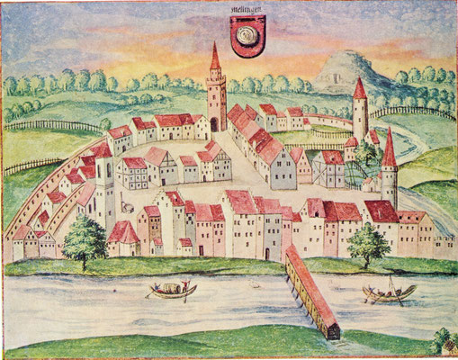 Doppelturmanlage aus dem Ehrenspiegel des Hauses Österreich um ca. 1555. 