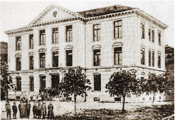 Das Schulhaus, ca. 1900. Die im April 1899 gepflanzten amerikanischen Silberlinden sind noch klein. Der heutige Baumbestand zwischen Strasse und Schulgebäude ist ein wesentliches Gestaltungselement des Schulareals.      