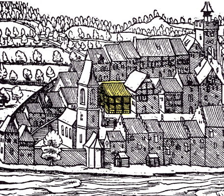 Die in Riegelbauweise erstellte"Metzg" aus der Chronik von Johannes Stumpf, 1548.