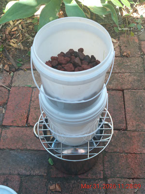 The 'Permafilter 3 bucket' assembled - which is technically 2 buckets and a grill sitting on 7.6L ss stockpot