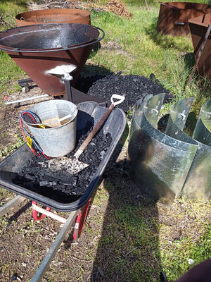 The kiln setup - emptied and transferred with a wheelbarrow to its destination