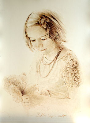Portraitzeichnung in Rötel, Kinderportrait vom Foto für junge Mutter