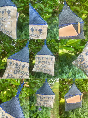 Création AU FIL DE L’YÈRES, lin, broderie point de croix, Normandie, fiche et kit de broderie