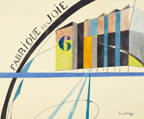 Suzanne Duchamp, Fabrique de Joie (Fabrik der Freude), 1920, Gouache, Aquarell, Bleistift und Tinte auf Papier, 44 × 54 cm Privatsammlung; Courtesy Galerie 1900-2000, Paris / © Suzanne Duchamp / VG Bild-Kunst, Bonn 2025