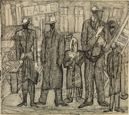 Max Beckmann (1884–1950) Haltestelle, 1945 Feder in Schwarz über Bleistift 325 × 355 mm Collection Museum Boijmans Van Beuningen, Rotterdam. Loan Stichting Museum Boijmans Van Beuningen. Purchased with the support of Stichting Bevordering van Volkskracht