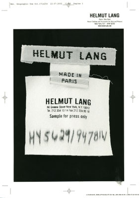 CAMPAIGNS & ADVERTISEMENTS Helmut Lang, Probedruck einer Werbeanzeige für die Zeitschrift National Geographic, Helmut Lang Collection Hommes Femmes Séance de Travail # Hiver 02/03 (2002). MAK Helmut Lang Archiv, LNI 1778-4-22. Courtesy of hl-art.