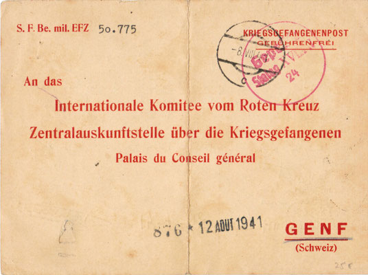 Courrier de prisonnier de guerre - la Croix Rouge 1941 - recto