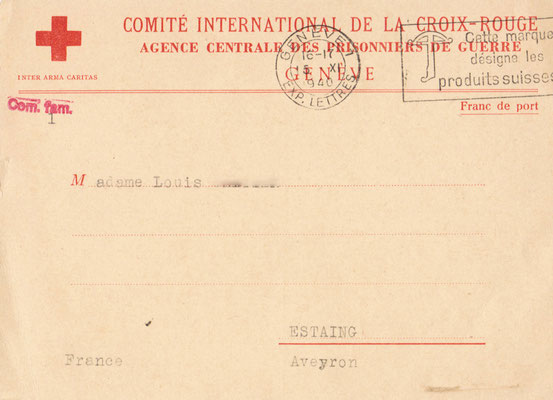 Formulaire d'avis de capture la Croix-Rouge juillet 1940 - recto
