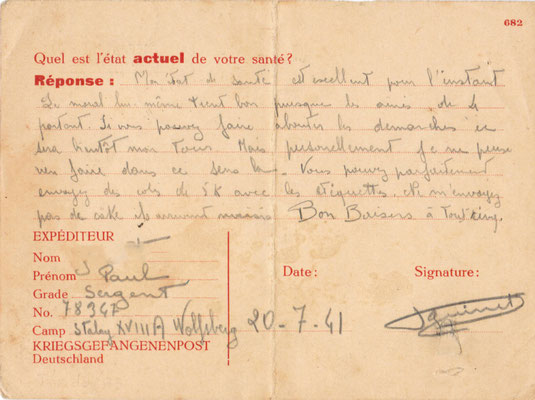Courrier de prisonnier de guerre - la Croix Rouge 1941 - verso