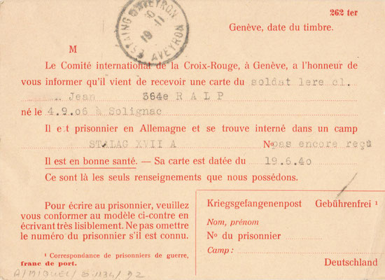Formulaire d'avis de capture la Croix-Rouge juillet 1940 - verso