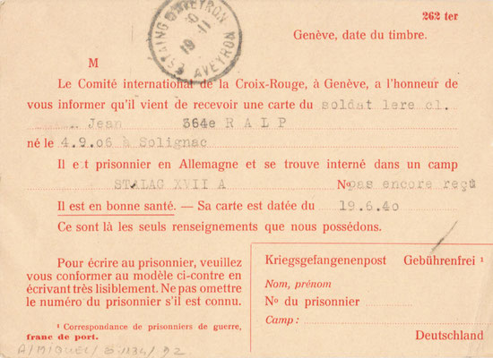 Formulaire d'avis de capture la Croix-Rouge juillet 1940 - verso