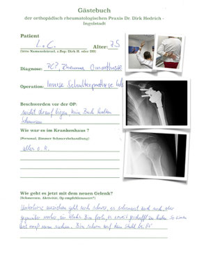 Frau L.C. Rheumapatientin mit guter linker Schulter - im Text spricht sie von der vor 2 Wochen operierten rechten Schulter Bilder folgen 
