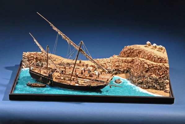 38    ダウ    Dhows Ship　　年代：   16世紀   船籍： アフリカ、中近東  縮尺：   1/50    スクラッチビルト  製作者： 肥田　純   製作期間： 6ヶ月