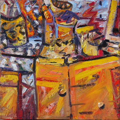 Großes Atelier, Öl/Lw 100 x 100 cm, 2017