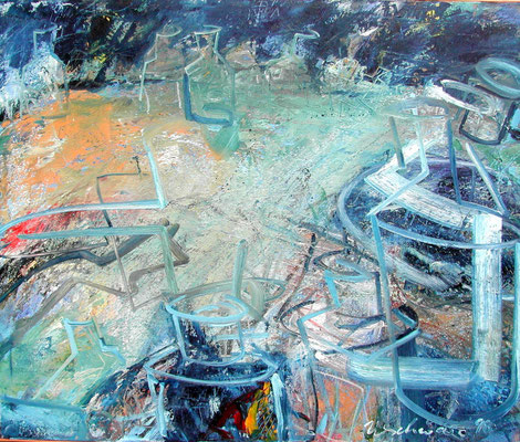 Landschaft mit Flaschen, Öl/Lw  140 x 120 cm