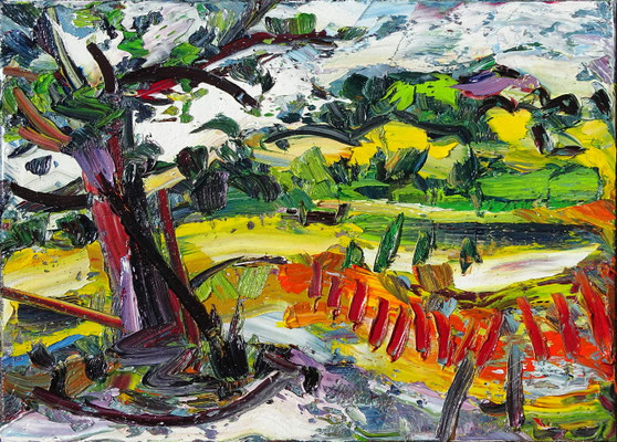 Baum an Wegegabelung, Öl/Lw 50 x 70 cm, 2019
